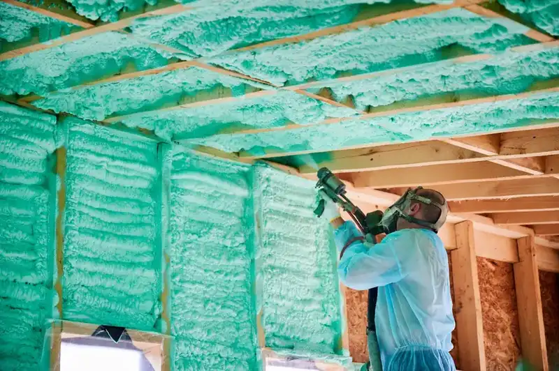 An installer in protective coveralls spraying polyurethane foam between wall studs